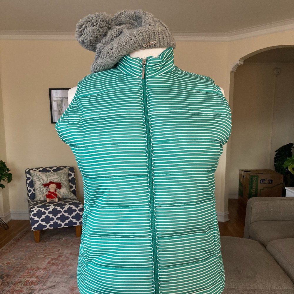 NWOT Diffusion Women's Extra Large XL Green & White Striped Fitted Puffer Vest